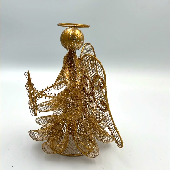 VTG Gold metal Christmas Angel playing instrument shiny Tree Topper Display - Picture 2 of 8